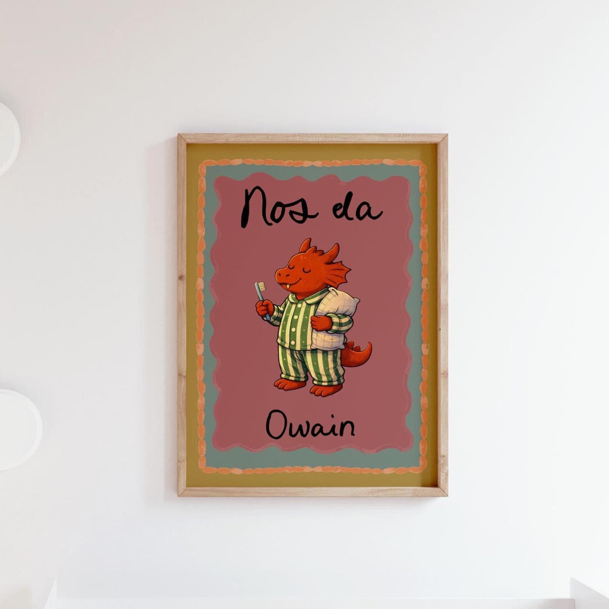 Personalised Welsh Dragon Nursery Print Set of 2, Nos Da & Bore Da