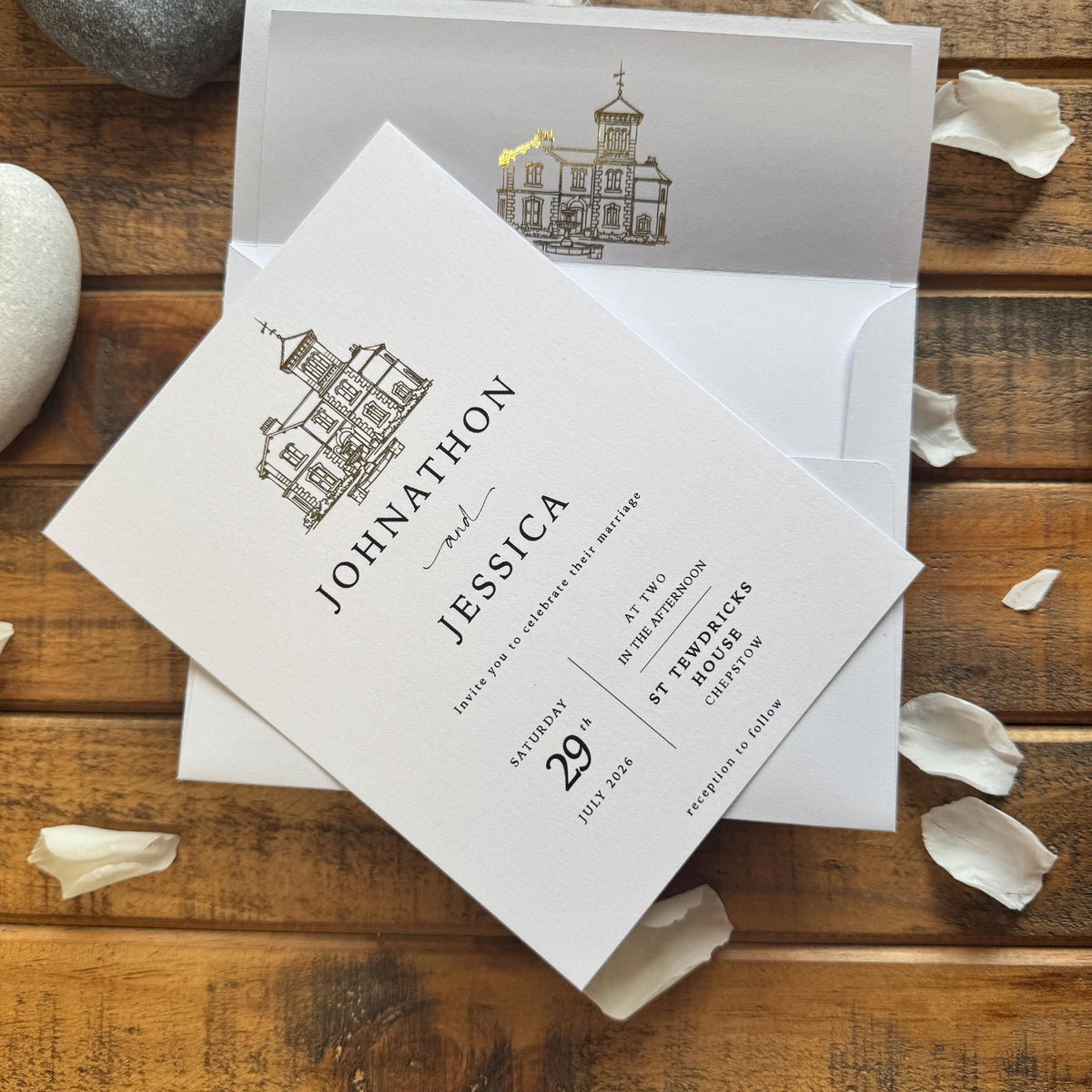 Personalised Gold Foil Wedding Invitation Set with Custom Venue Illustration