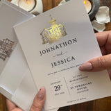 Personalised Gold Foil Wedding Invitation Set with Custom Venue Illustration