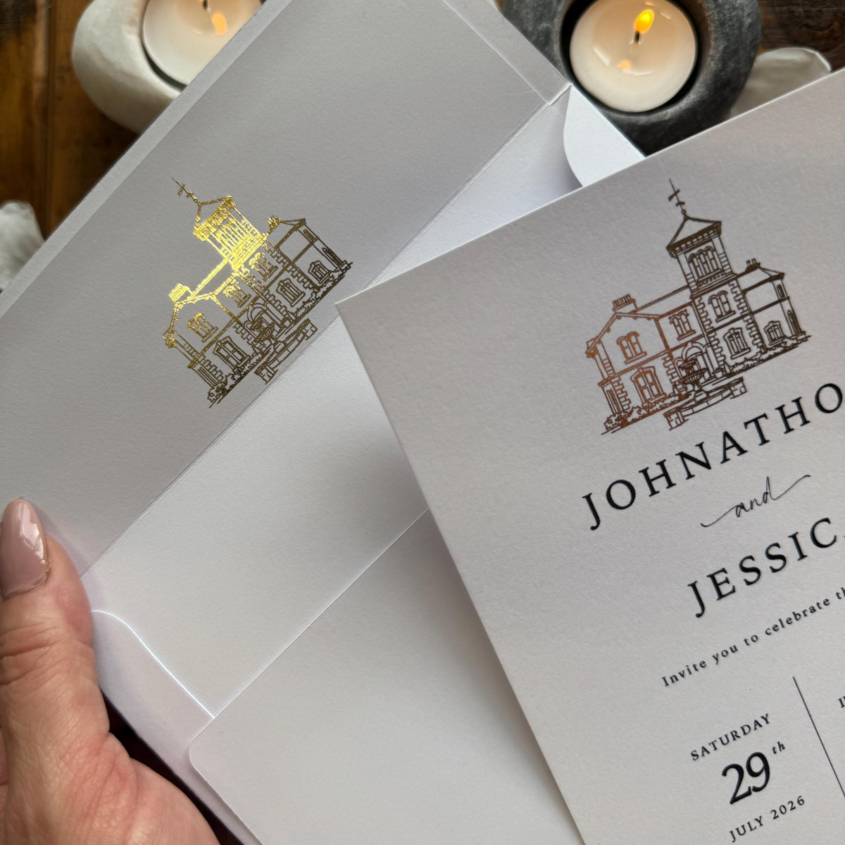 Personalised Gold Foil Wedding Invitation Set with Custom Venue Illustration