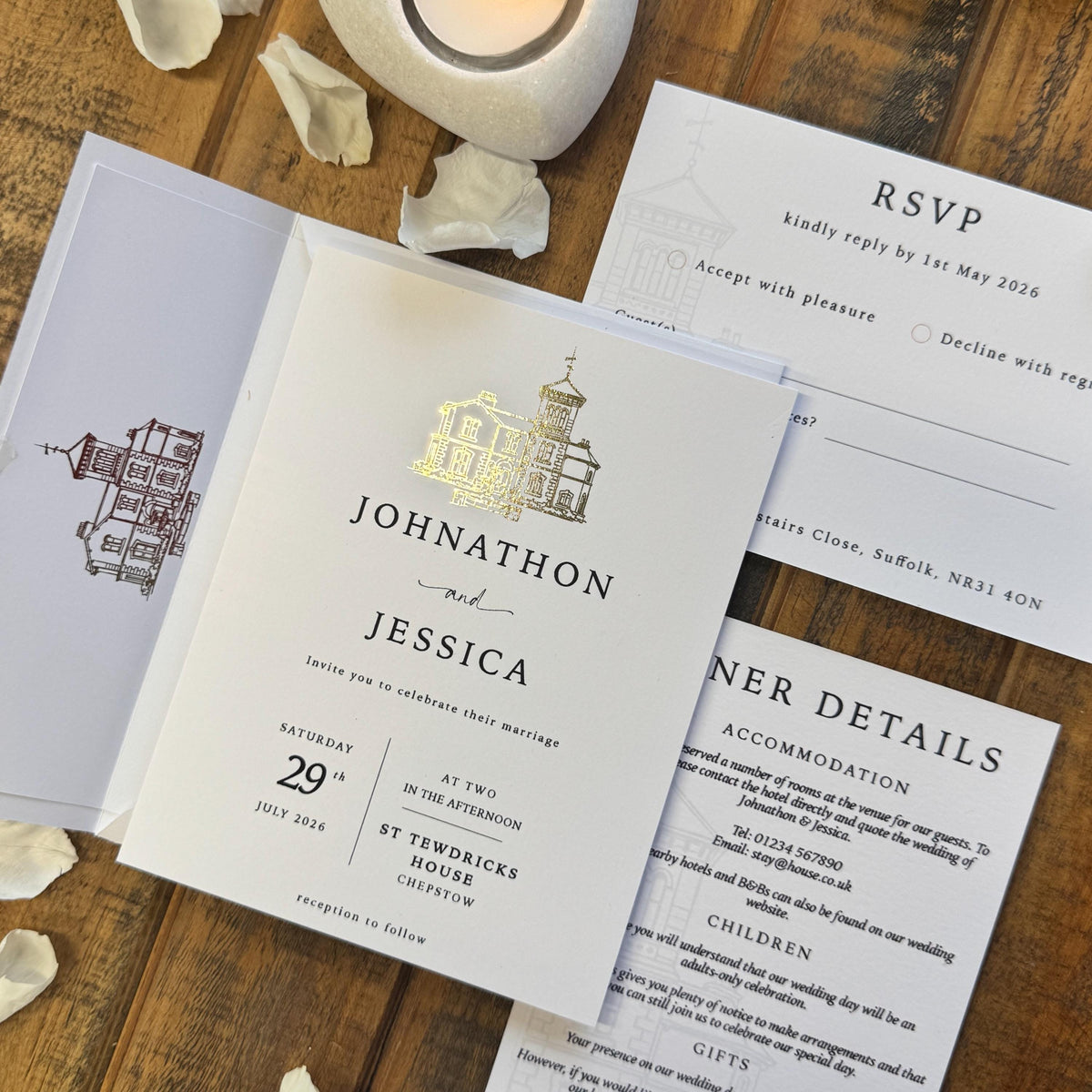 Personalised Gold Foil Wedding Invitation Set with Custom Venue Illustration