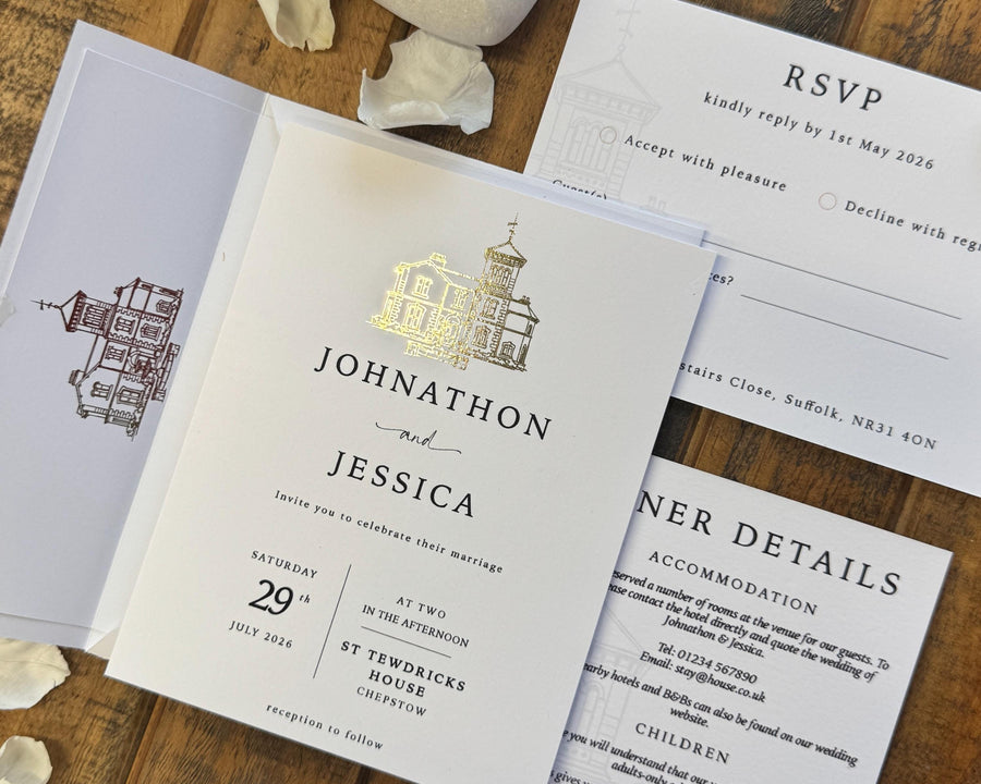 Personalised Gold Foil Wedding Invitation Set with Custom Venue Illustration