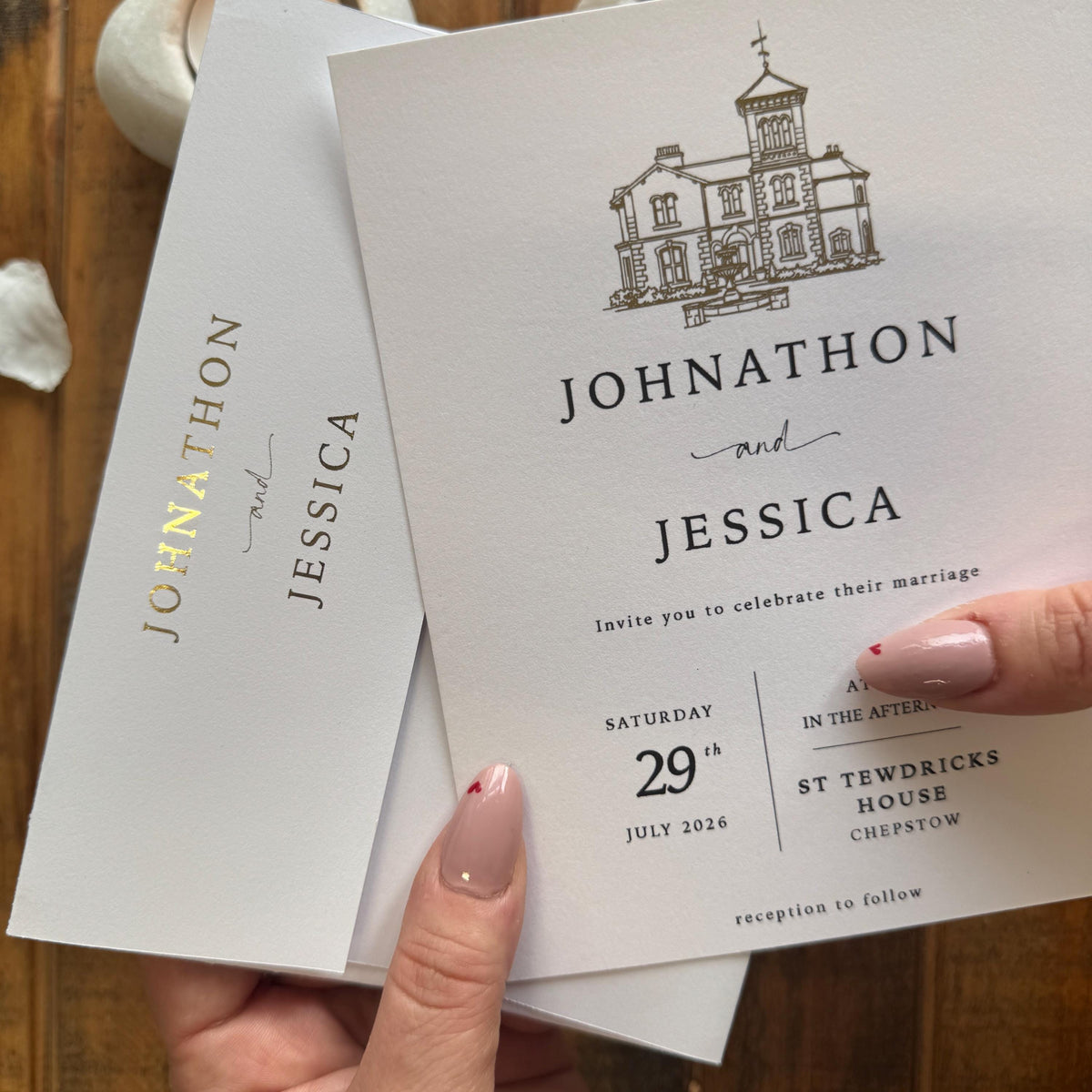 Personalised Gold Foil Wedding Invitation Set with Custom Venue Illustration