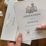 Personalised Gold Foil Wedding Invitation Set with Custom Venue Illustration