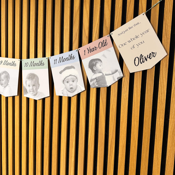 Newborn to 12 Months Milestone Bunting, First Birthday Photo Bunting, Keepsake Prints