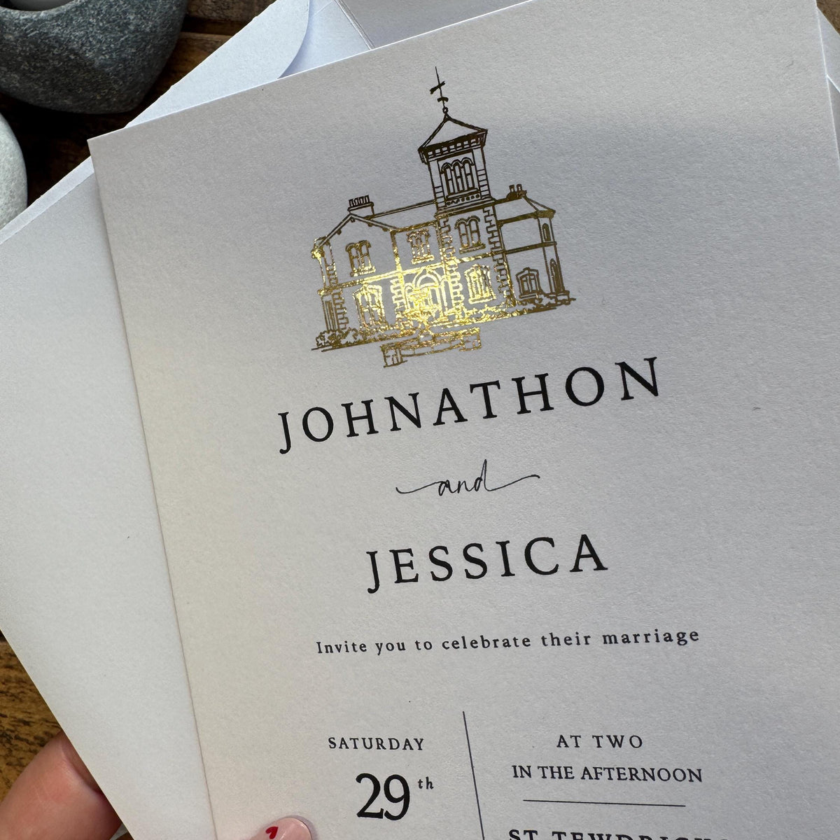 Personalised Gold Foil Wedding Invitation Set with Custom Venue Illustration