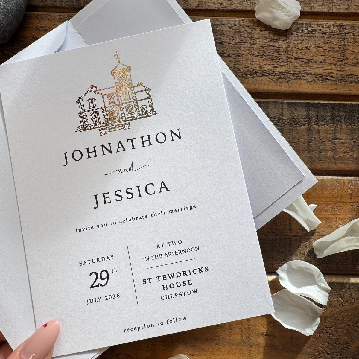 Personalised Gold Foil Wedding Invitation Set with Custom Venue Illustration