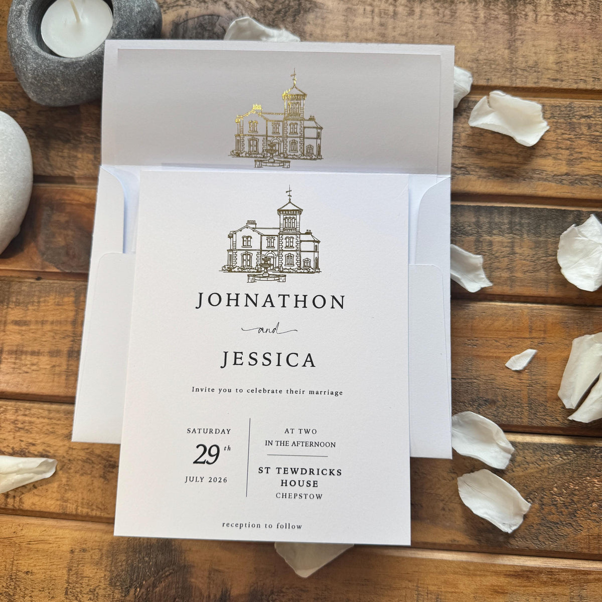 Personalised Gold Foil Wedding Invitation Set with Custom Venue Illustration