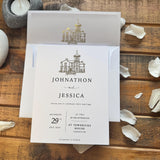 Personalised Gold Foil Wedding Invitation Set with Custom Venue Illustration