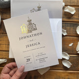 Personalised Gold Foil Wedding Invitation Set with Custom Venue Illustration