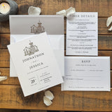 Personalised Gold Foil Wedding Invitation Set with Custom Venue Illustration