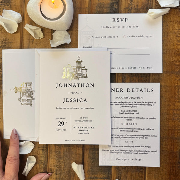 Personalised Gold Foil Wedding Invitation Set with Custom Venue Illustration