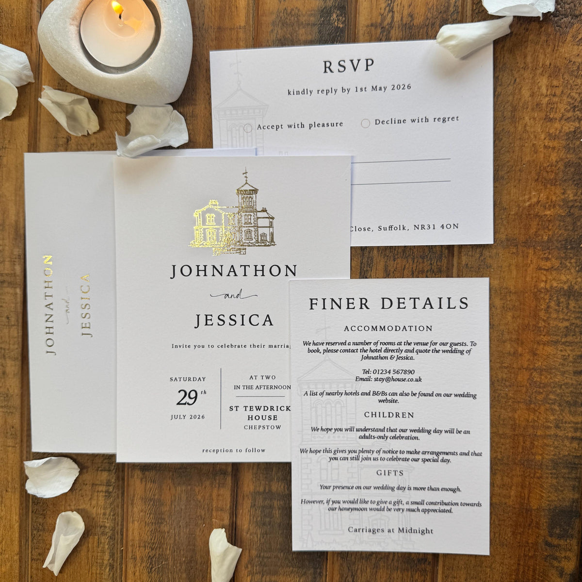 Personalised Gold Foil Wedding Invitation Set with Custom Venue Illustration