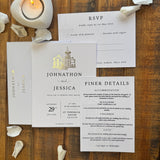 Personalised Gold Foil Wedding Invitation Set with Custom Venue Illustration