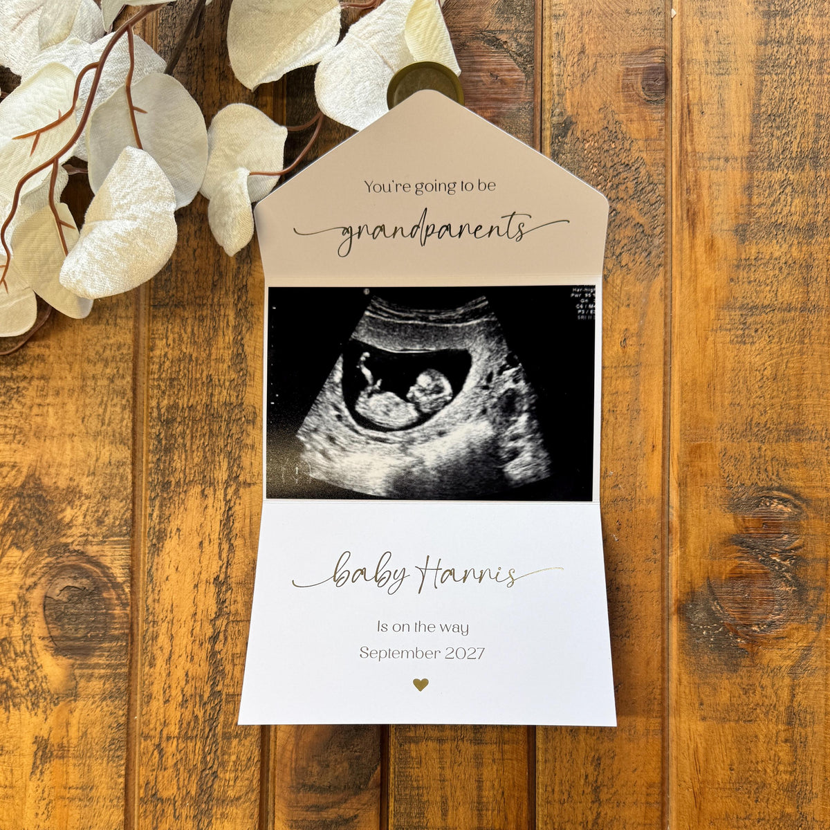 Gold Foil Scan Photo Pregnancy Reveal Card, Personalised Baby Announcement Keepsake
