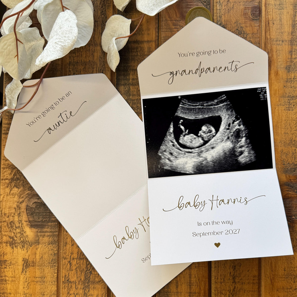 Gold Foil Scan Photo Pregnancy Reveal Card, Personalised Baby Announcement Keepsake