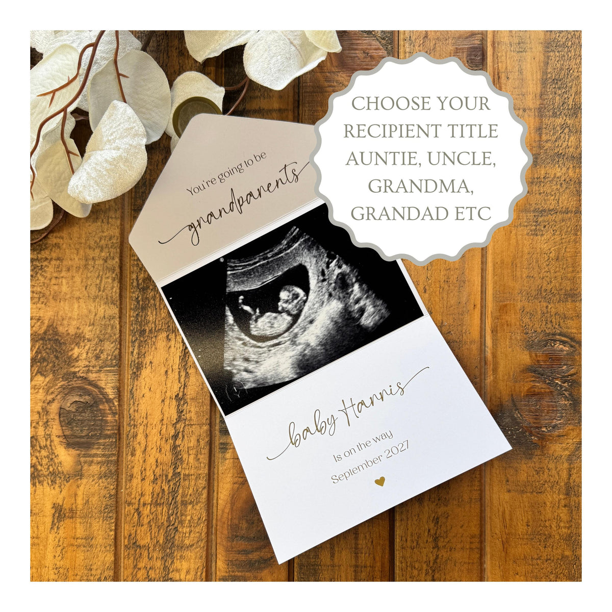 Gold Foil Scan Photo Pregnancy Reveal Card, Personalised Baby Announcement Keepsake
