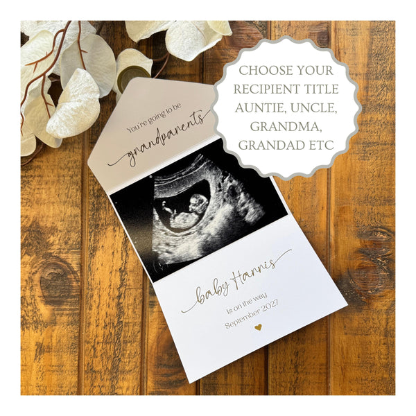 Gold Foil Scan Photo Pregnancy Reveal Card, Personalised Baby Announcement Keepsake