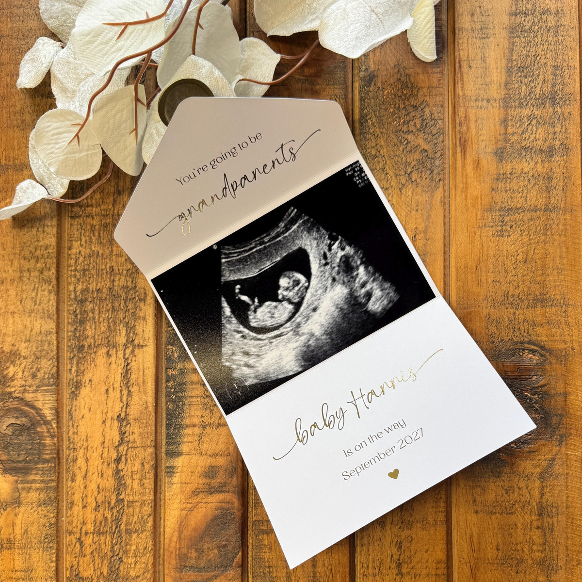 Gold Foil Scan Photo Pregnancy Reveal Card, Personalised Baby Announcement Keepsake