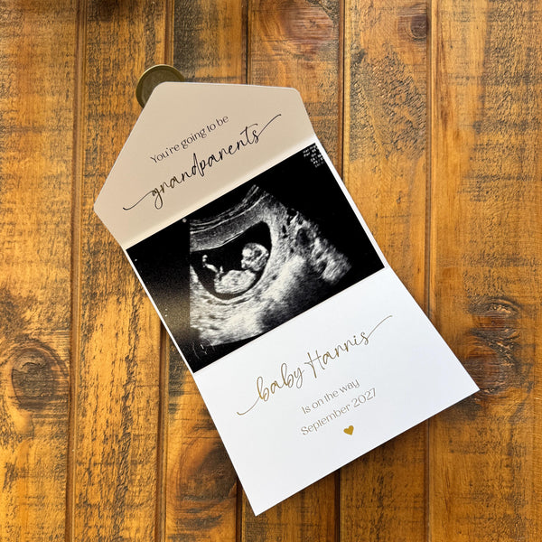 Gold Foil Scan Photo Pregnancy Reveal Card, Personalised Baby Announcement Keepsake