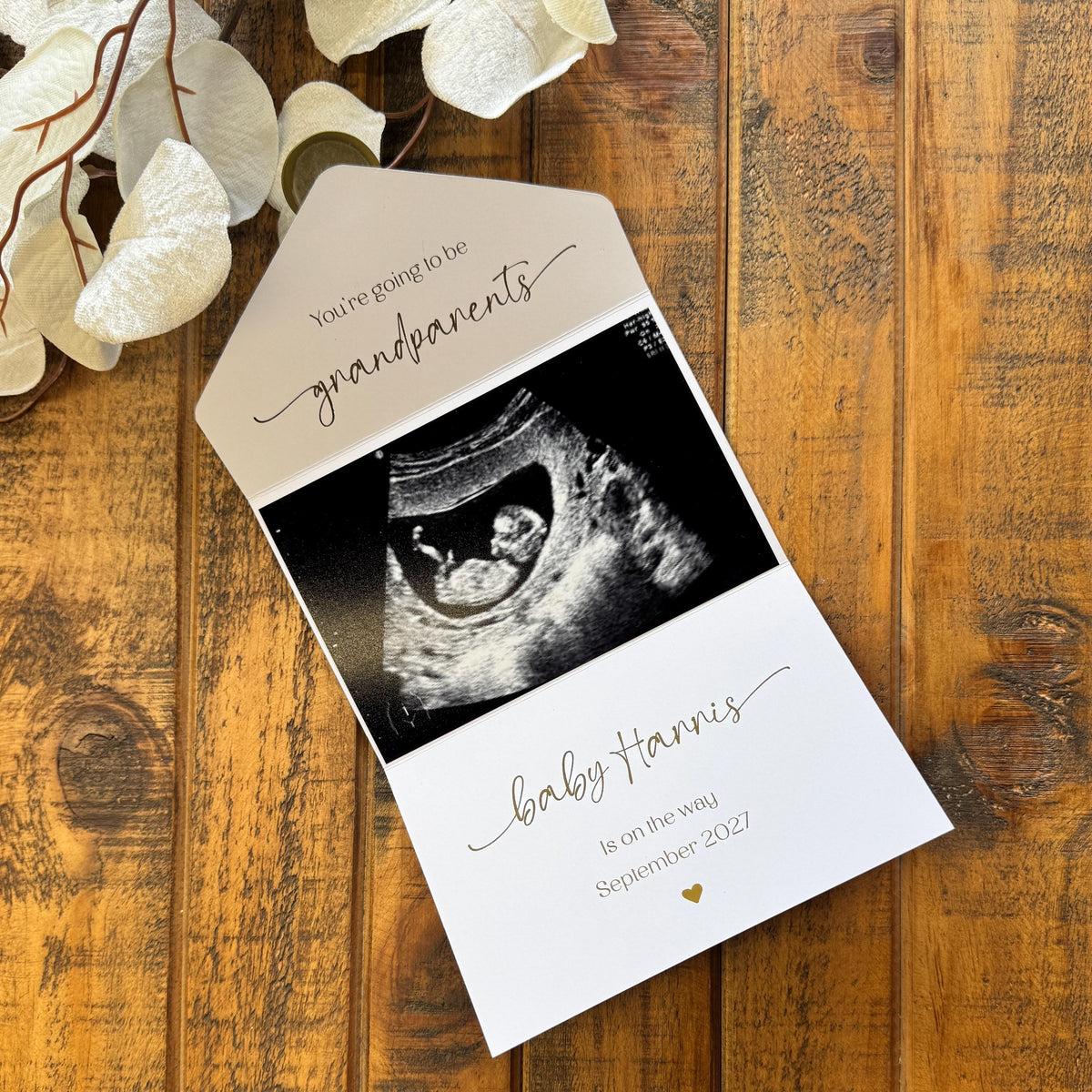 Gold Foil Scan Photo Pregnancy Reveal Card, Personalised Baby Announcement Keepsake