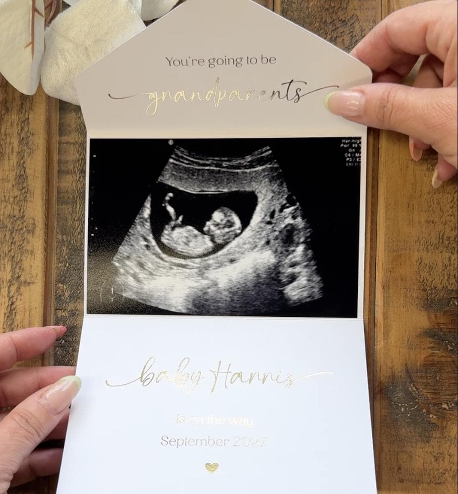 Gold Foil Scan Photo Pregnancy Reveal Card, Personalised Baby Announcement Keepsake