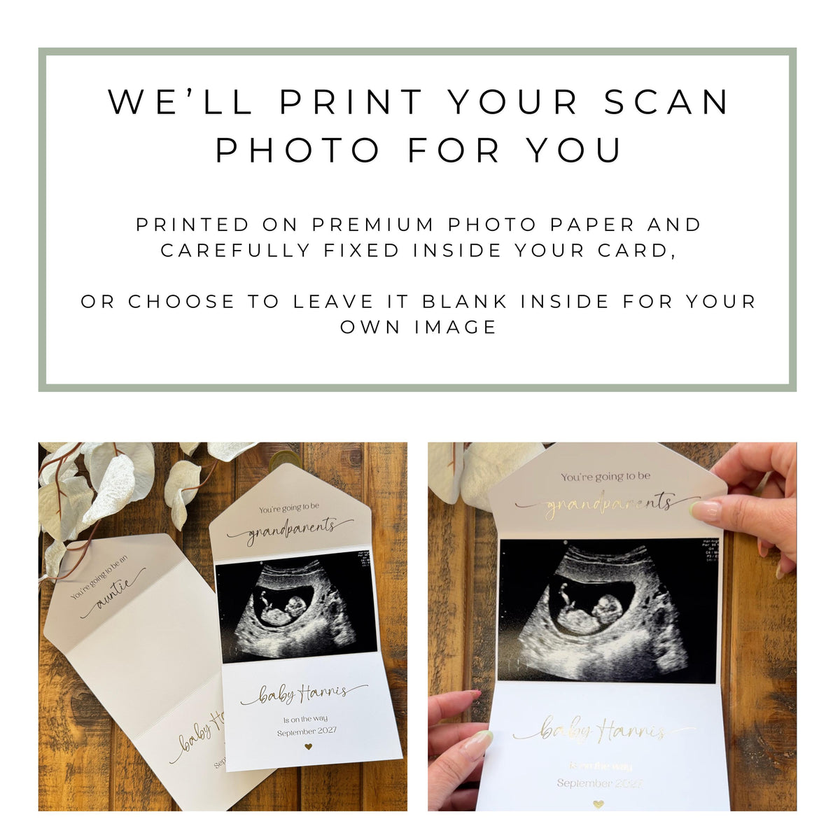 Gold Foil Scan Photo Pregnancy Reveal Card, Personalised Baby Announcement Keepsake