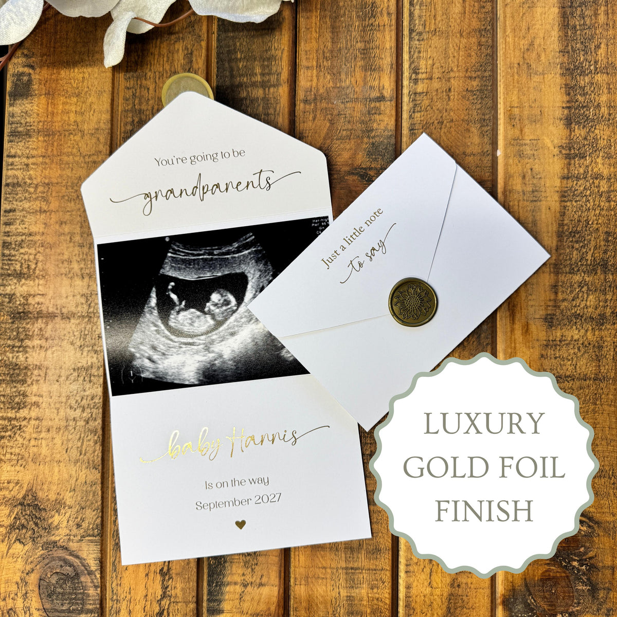 Gold Foil Scan Photo Pregnancy Reveal Card, Personalised Baby Announcement Keepsake