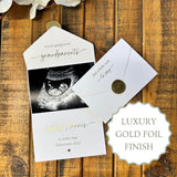 Gold Foil Scan Photo Pregnancy Reveal Card, Personalised Baby Announcement Keepsake