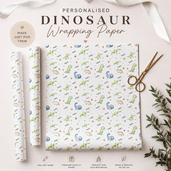 Personalised Dinosaur Wrapping Paper, Birthday Gift Wrap, Dinosaur Birthday, Custom Name Gift Wrap, Childrens Birthday Paper, Dinosaur Theme