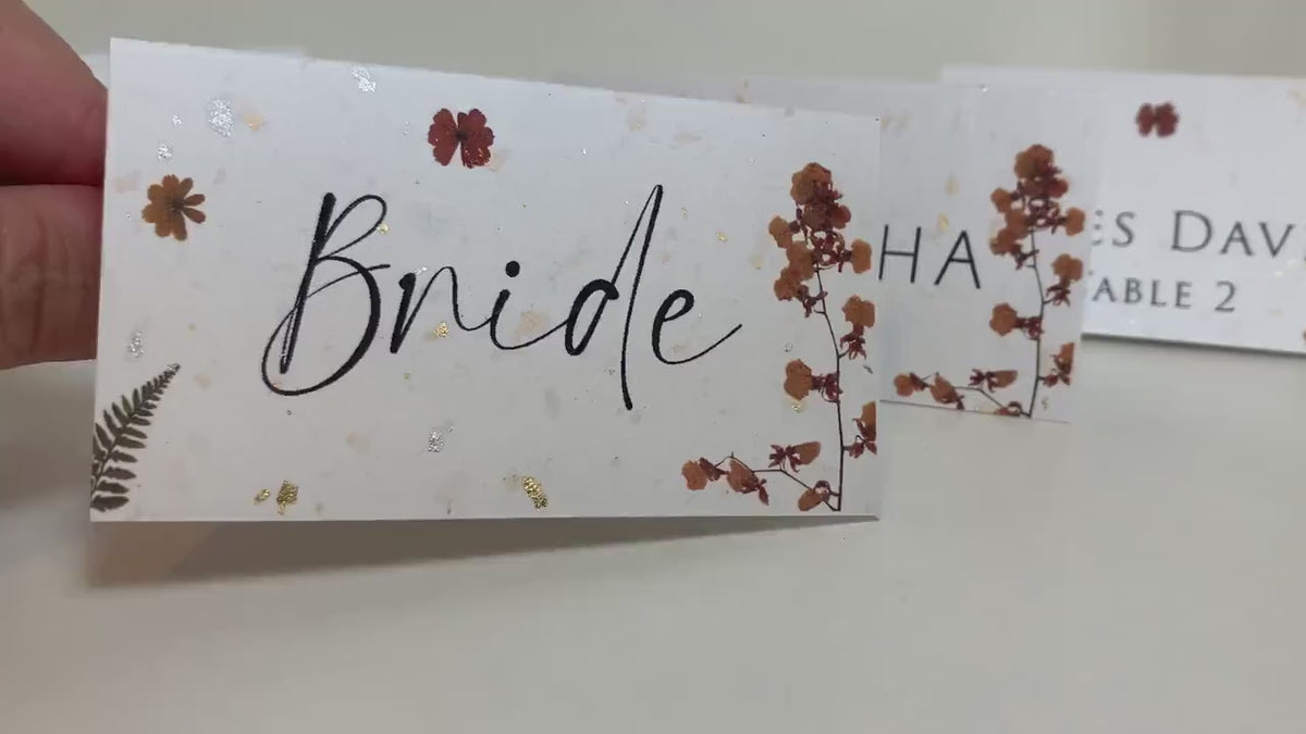 Pressed Flower Wedding Place Cards, Gold and Silver Fleck Card, Handmade Paper, Personalised Calligraphy Place Settings, Wedding Table Decor