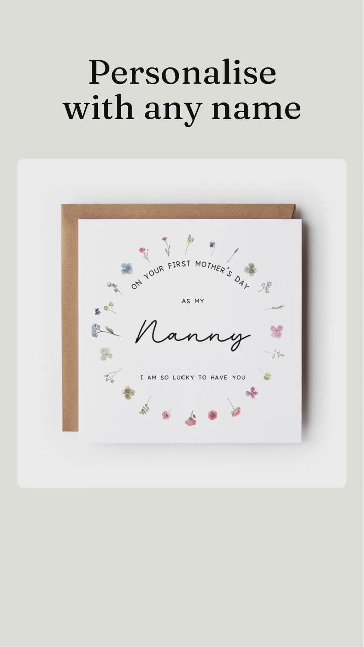 First Mother’s Day card, Nana, Grandma, Gigi or any Name, Floral Wreath Design