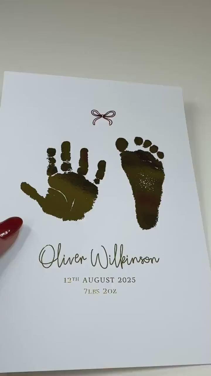 A5 Personalised Baby Hand & Footprint Metallic Foil Print, New Baby Keepsake Gift, Birth Announcement Print, With Ink-less Ink Kit