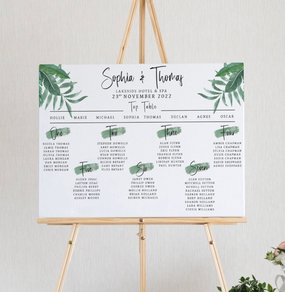 Green Foliage Table Plan, Personalised Wedding Seating Chart, A1, A2, Large Table Plan Board, Leaf Design, Wedding Decor, Wedding Signage.