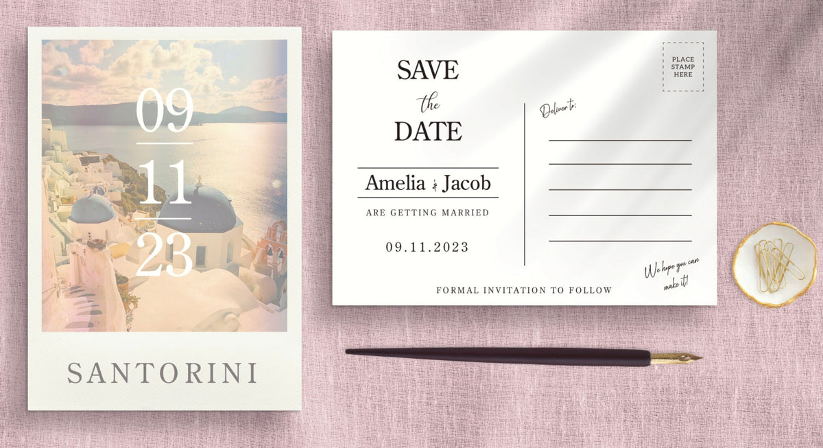 Santorini Save The Date Invitations | Greece Wedding | Destination Wedding | Beach Wedding | Seaside | Abroad Wedding | Full Set Available.
