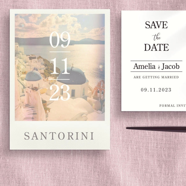 Santorini Save The Date Invitations | Greece Wedding | Destination Wedding | Beach Wedding | Seaside | Abroad Wedding | Full Set Available.