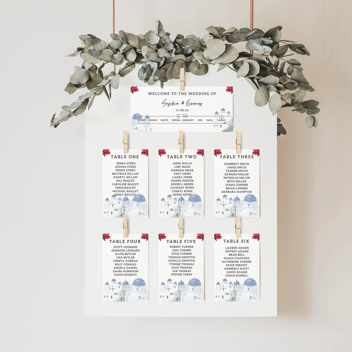 Santorini Wedding Table Plan Cards | Wedding Seating Chart | Seating Plan | Greek Wedding | Destination Wedding