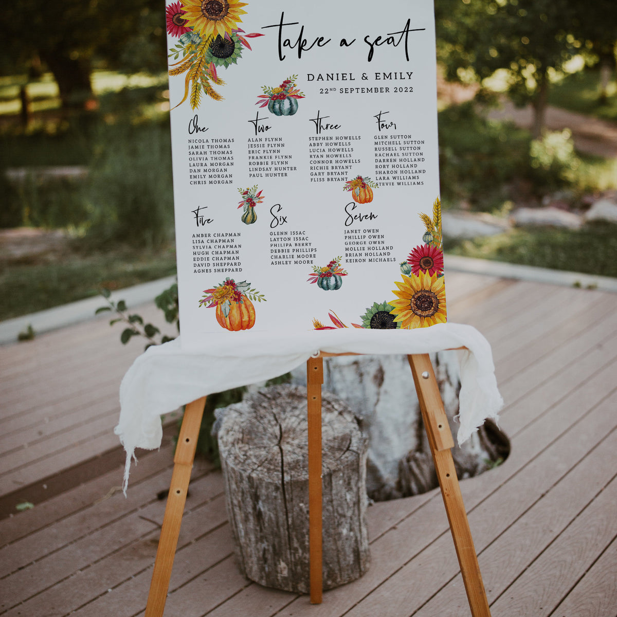 Wedding Seating Plan, Autumn Theme with Sunflowers and Pumpkins, Autumn Wedding Seating Plan, Wedding Table Plan, Sunflower Table Plan.