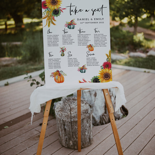 Wedding Seating Plan, Autumn Theme with Sunflowers and Pumpkins, Autumn Wedding Seating Plan, Wedding Table Plan, Sunflower Table Plan.