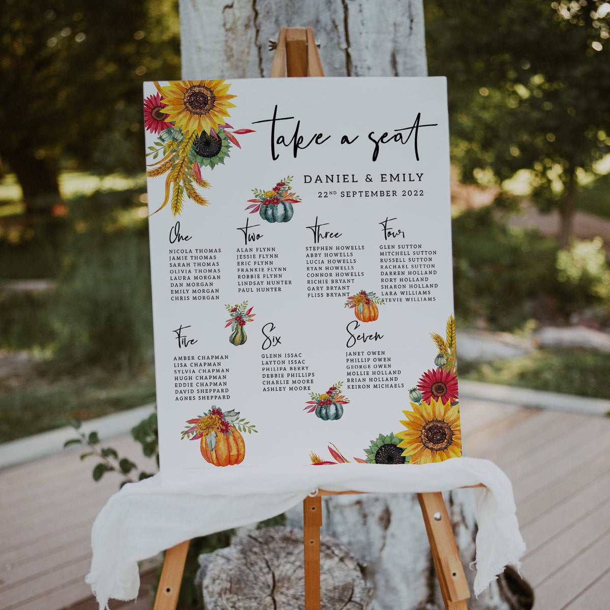 Wedding Seating Plan, Autumn Theme with Sunflowers and Pumpkins, Autumn Wedding Seating Plan, Wedding Table Plan, Sunflower Table Plan.