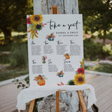 Wedding Seating Plan, Autumn Theme with Sunflowers and Pumpkins, Autumn Wedding Seating Plan, Wedding Table Plan, Sunflower Table Plan.
