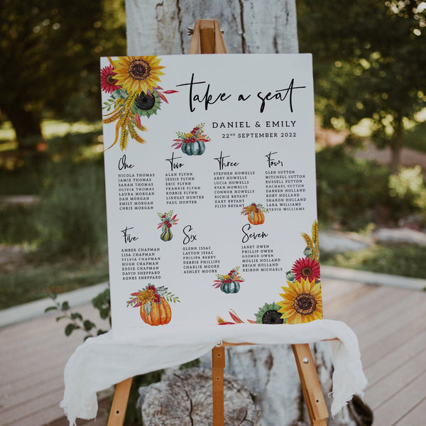 Wedding Seating Plan, Autumn Theme with Sunflowers and Pumpkins, Autumn Wedding Seating Plan, Wedding Table Plan, Sunflower Table Plan.
