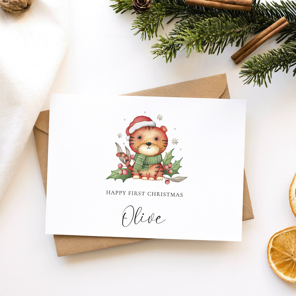 Personalised Tiger First Christmas Card With Name, Christmas Cards, Personalised Card, Xmas Cards, First Xmas, Watercolour Cute Animals.
