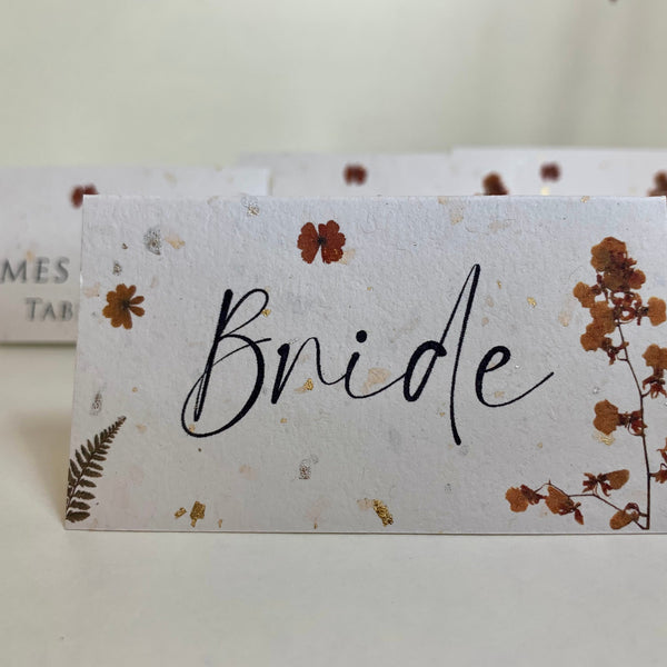 Pressed Flower Wedding Place Cards, Gold and Silver Fleck Card, Handmade Paper, Personalised Calligraphy Place Settings, Wedding Table Decor