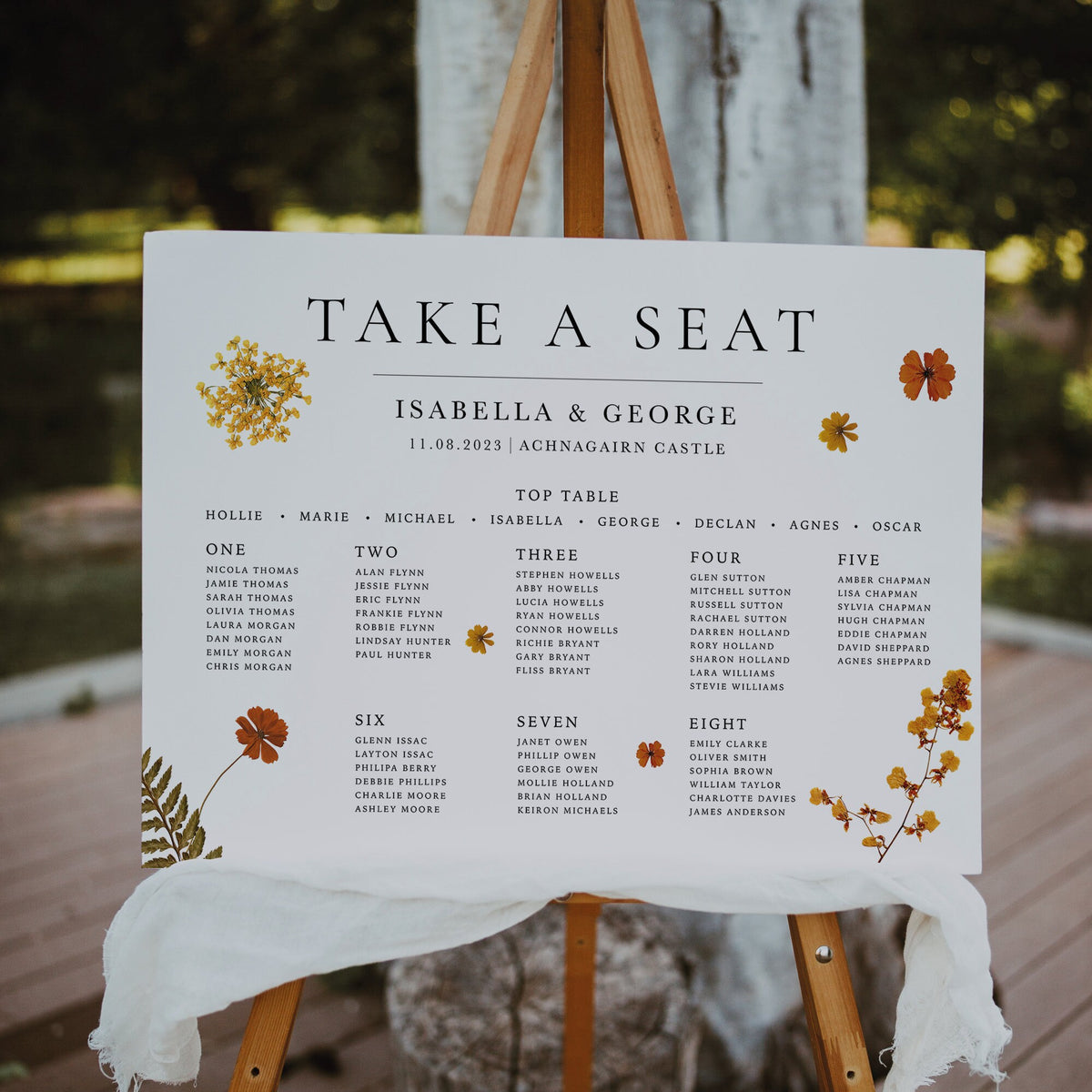 Pressed Flower Design Wedding Table Plan, Personalised Seating Plan, Mounted Table Plan, A1, A2, Wedding Decor, Aisle Decor, Autumn Wedding