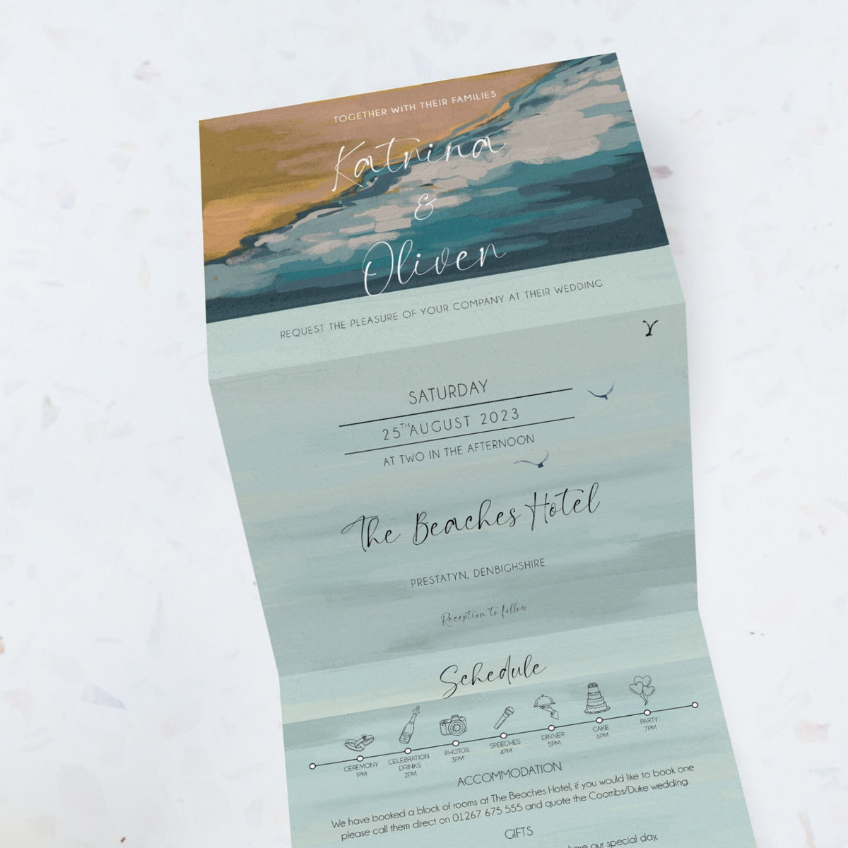 Beachcomber Concertina Seascape Wedding Invitation, Postcard Perforated RSVP, Destination Wedding, Beach Wedding, Tri Fold Invite, Coastal.
