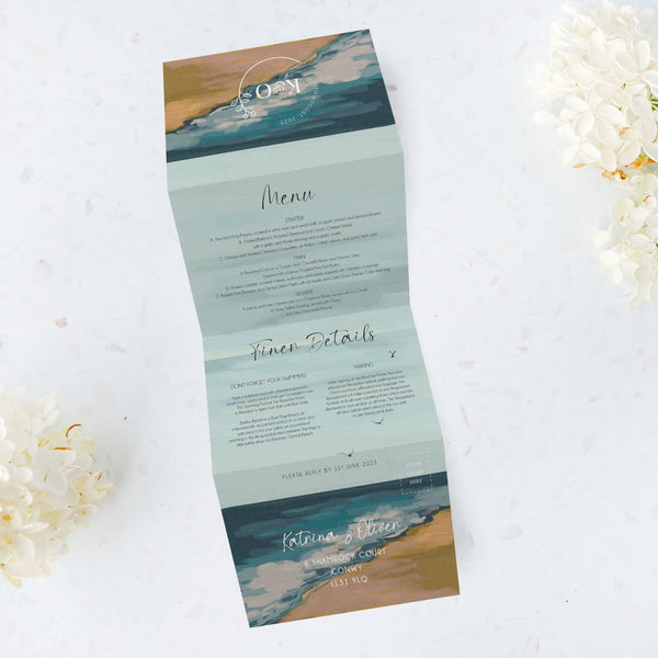 Beachcomber Concertina Seascape Wedding Invitation, Postcard Perforated RSVP, Destination Wedding, Beach Wedding, Tri Fold Invite, Coastal.