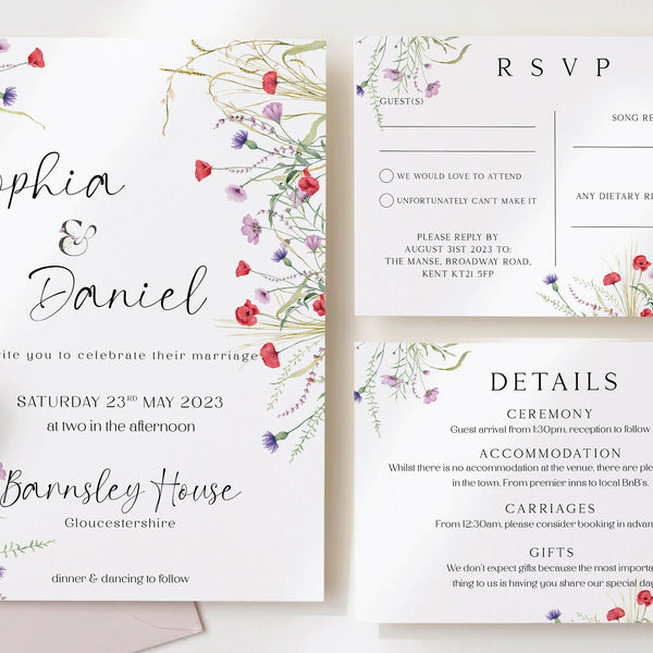 Wildflower Wedding Invitation Suite Poppy, Pressed Flowers, Blush Wedding Invites, Vellum Jackets, Save the Date, Wax Seals, Floral Wedding.