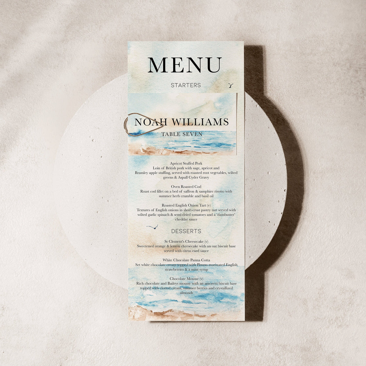 Seascape Wedding Menu Card With Name Tag, Beach Wedding Menu, Wedding Menu With Place Name, Wedding Place Names, Wedding Place Setting.
