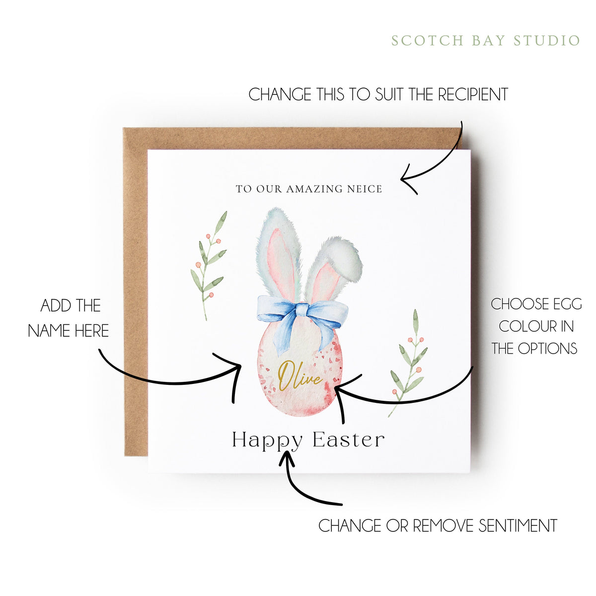 Personalised Easter Card, Niece Easter Card, Goddaughter, Granddaughter, Daughter, Bunny Ears, Easter Egg, Happy Easter.